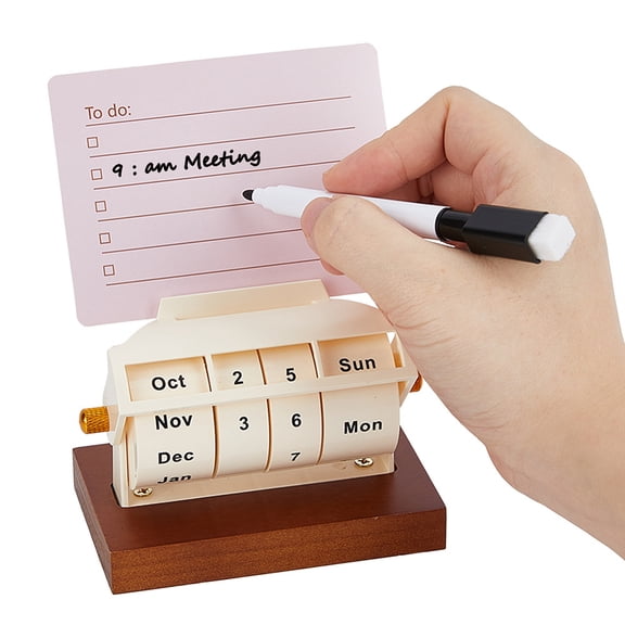 1Pc Wooden Rotating Perpetual Calendar Wood Creative Calendar with 1Pc Pen and 1Pc Message Card Month Week Day Date Display Desk Table Calendars