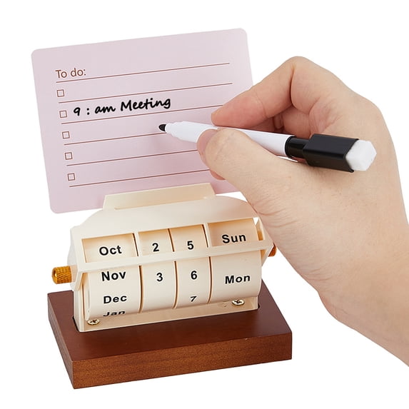 1Pc Wooden Rotating Perpetual Calendar Wood Creative Calendar with 1Pc Pen and 1Pc Message Card Month Week Day Date Display Desk Table Calendars