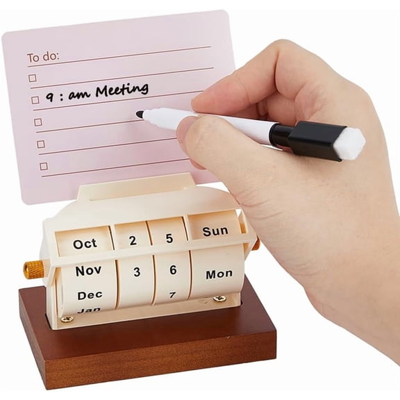 1Pc Wooden Rotating Perpetual Calendar Wood Creative Calendar with 1Pc Pen and 1Pc Message Card Month Week Day Date Display Desk