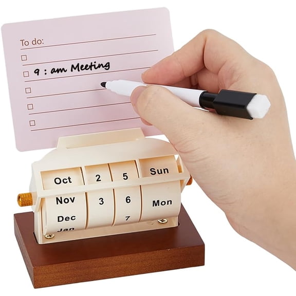 1Pc Wooden Rotating Perpetual Calendar Wood Creative Calendar with 1Pc Pen and 1Pc Message Card Month Week Day Date Display Desk