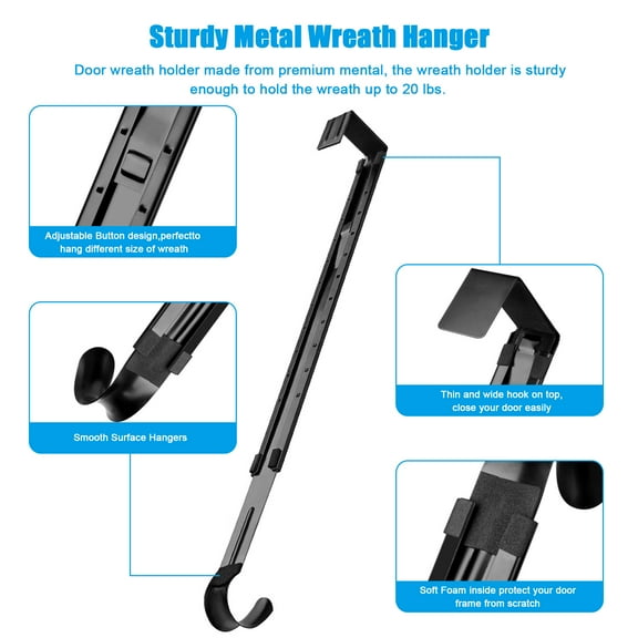 1Pc Wreath Door Hangers, 15-25''Metal Wreath Hooks Over The Door Wreath Holder for Xmas Wreath Decorations, Black