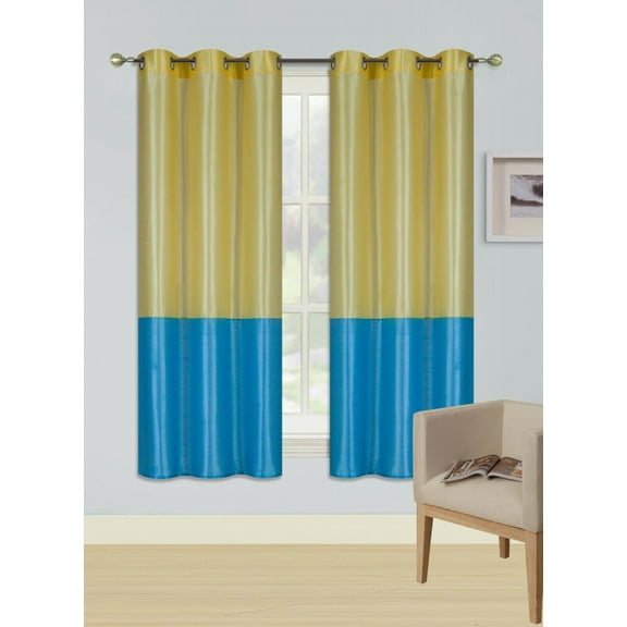1Pc Yellow Turquoise (Eid) Lined Foam Backing Blackout Faux Silk Drape Panel Top Chrome Metallic Grommet Window Curtain Treatment Drape 2 Shade 37 Wide X 108 Length