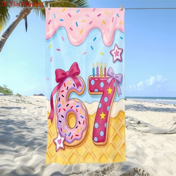1Pc beach towel with donut number 67 ice cream as the pattern, sweet macaron style is beautiful and special, suitable for seaside vacation, swimming pool leisure, and sending a set
