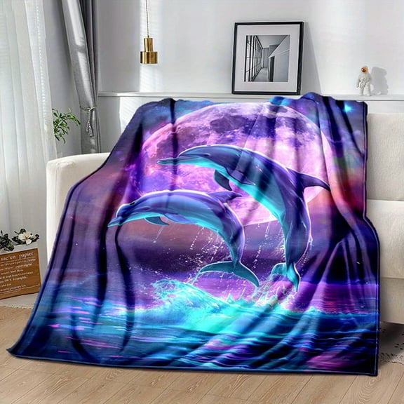 1Pc comfortable Flanel blanket, jumping dolphin design blanket, comfortable and comfortable blanket, suitable for camping sofa bed and sofa office, suitable for all seasons to give blankets