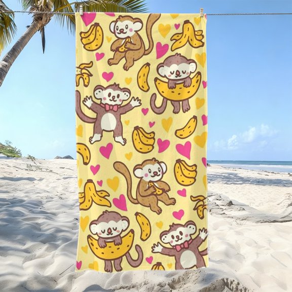 1Pc, cute cute monkey and banana print style soft towel, suitable for beach, cartoon pattern, suitable for seaside vacation, pool pie, beach walking scene, ideal gift for friends