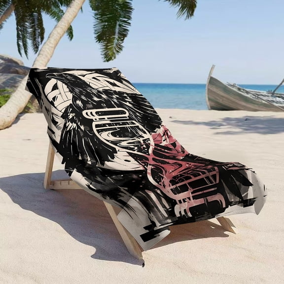 1Pc, dark style crow hourglass print soft beach towel, abstract art print pattern, suitable for seaside vacation, pool party, beach leisure scene, ideal gift for friends and summer festivals
