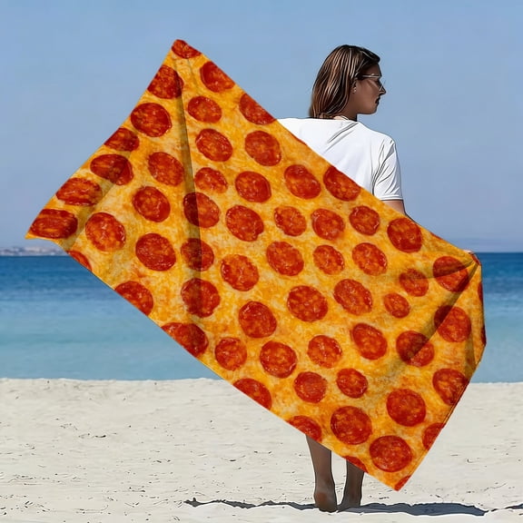 1Pc, delicious pizza style oversized soft beach towel, Italian sausage print pattern, super absorbent, suitable for seaside vacations, pool parties, outdoor picnics