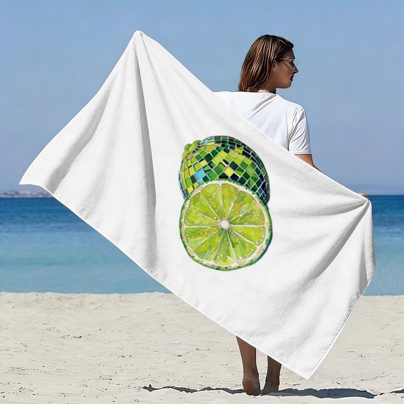 1Pc disco ball and lime slice pattern soft beach towel, retro mosaic print, suitable for beach vacation strolling, beach sunbathing, pool pie scene, ideal gift for friends