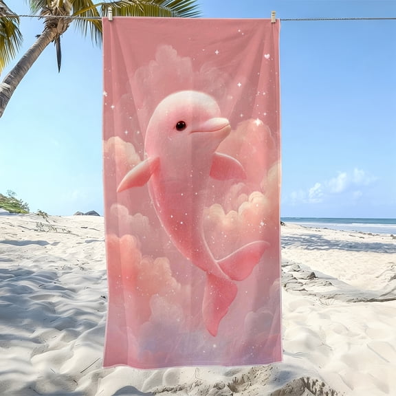 1Pc dream wind pink dolphin soft beach towel, dream cloud printing pattern, suitable for seaside vacation, beach leisure, pool pie scene, ideal birthday gifts for girlfriends and girlfriends