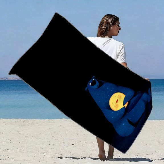 1Pc, dreamy starry sky blue bear hugging the moon pattern soft beach towel, star and moon printing pattern, suitable for seaside walking, beach rest, pool play scenes