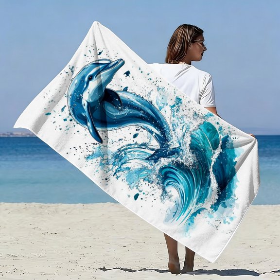 1Pc, flexible leaping wave dolphin pattern soft beach towel, splash print pattern, suitable for seaside vacation, beach walk, pool play scene, ideal gift for friends and summer parties