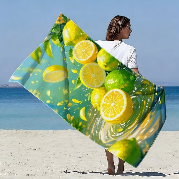1Pc, fresh lemon fruit pattern soft beach towel, summer juice splash printing, suitable for seaside vacation walking, beach leisure sunbathing, swimming pool happy play scene