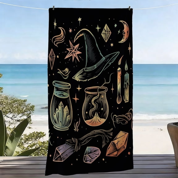 1Pc, magic element style oversized soft beach towel, witch hat, crystal, crucible printing pattern, suitable for seaside vacations, pool parties, outdoor picnics
