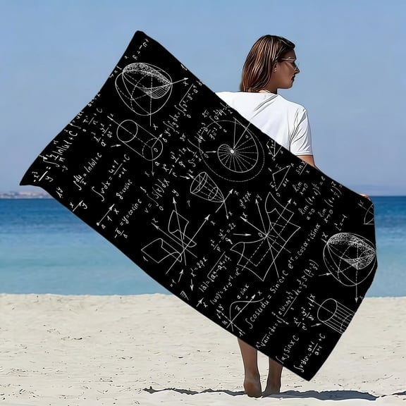 1Pc, mathematical formula style oversized soft beach towel, geometric shape printing pattern, super absorbent, suitable for seaside vacations, pool parties, outdoor picnics