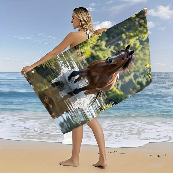 1Pc personalized printed beach towel: horse galloping picture, outdoor beach photo super eye-catching, very suitable for swimming pool, camping, yoga, diving - tropical style