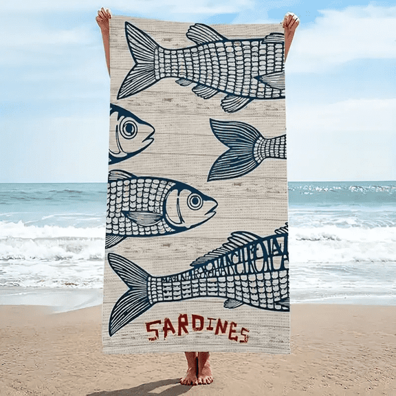 1Pc retro wind sardine pattern beach towel, a must for seaside vacation, comfortable and super practical, light water absorption, machine washable, suitable for swimming, camping and vacation
