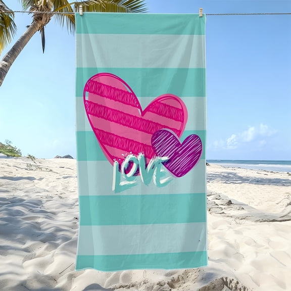 1Pc romantic love style soft beach towel, pink and purple love printing pattern, suitable for seaside vacation, beach walk, pool play scenes, ideal gifts for lovers and Valentine's Day