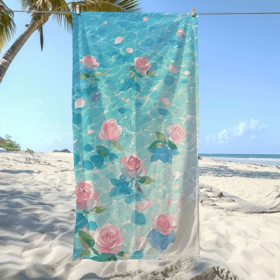1Pc single-sided printed pattern beach towel - tranquil scene of water garden, soft and absorbent, suitable for swimming, camping and bathing