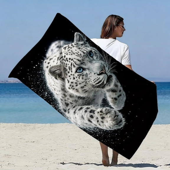 1Pc, smart snow leopard style oversized soft beach towel, realistic leopard print pattern, super absorbent, suitable for seaside vacations, pool parties, outdoor picnics