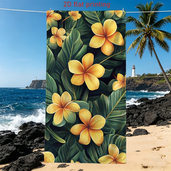 1Pc tropical yellow hibiscus flower branches and leaves pattern soft beach towel, southern French vacation style, suitable for pool parties, outdoor picnic scenes, ideal gifts for friends