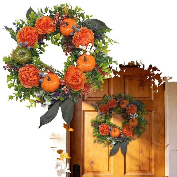1Pcs 11.81in Orange Peony Pumpkin Fall Wreath, Mixed Berry Greenery Harvest Floral Hanging Decor, Walls and WindowsThanksgiving and Fall Harvest Decor Suitable for Indoor and Outdoor Use