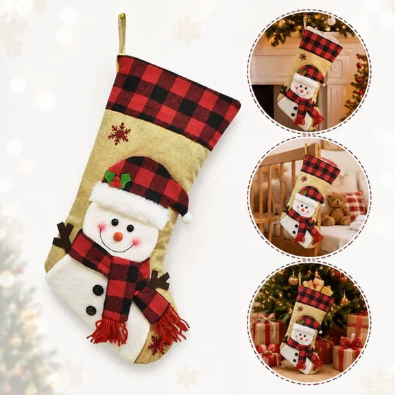 1Pcs 18.5 Inch Burlap Plaid Christmas Stocking, Cute 3D Snowman Xmas Hanging Stocking, Large Capacity Reusable Christmas Stocking for Kids Fireplace Tree Family Holiday Party Decor