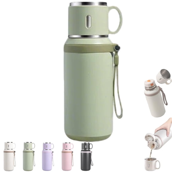 1Pcs 2 In 1 Stainless Steel Thermo Vacuum Insulated BottleWith Cover Lid For Coffee Hot Drink And Cold Drink Water Flask, Leakproof Insulated Water Bottle for Men Women, 3.14*9.05*2.55Inch, Green