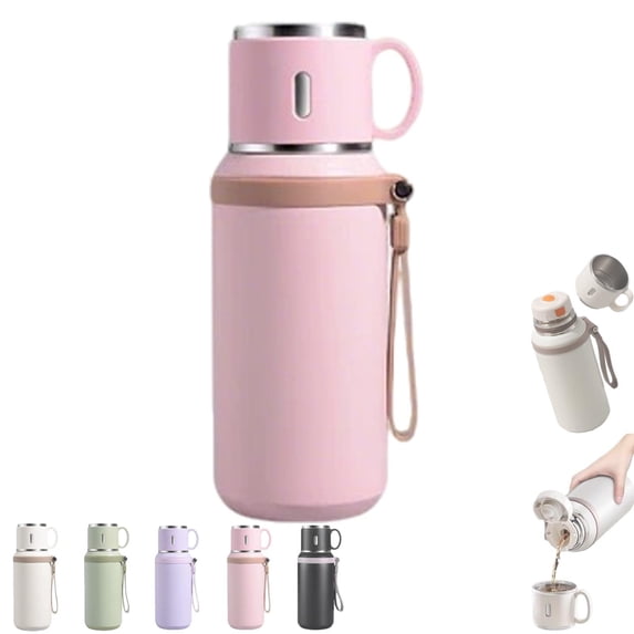 1Pcs 2 In 1 Stainless Steel Thermo Vacuum Insulated BottleWith Cover Lid For Coffee Hot Drink And Cold Drink Water Flask, Leakproof Insulated Water Bottle for Men Women, 3.14*9.05*2.55Inch, Pink