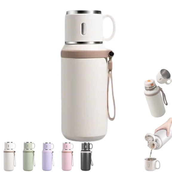 1Pcs 2 In 1 Stainless Steel Thermo Vacuum Insulated BottleWith Cover Lid For Coffee Hot Drink And Cold Drink Water Flask, Leakproof Insulated Water Bottle for Men Women, 3.14*9.05*2.55Inch, White