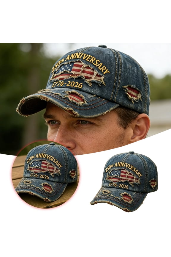 1Pcs 250th Anniversary Distressed Denim Hat – 1776–2026 Embroidered Patriotic Baseball Cap Adjustable Metal Buckle