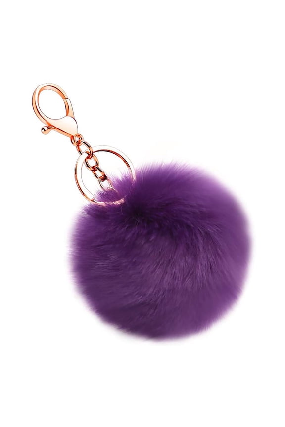 1Pcs 3.1 Inch Purple Faux Fur Pom Pom Keychain with Rose Gold Clasp, Soft Fluffy Ball Key Ring for Handbags, Backpacks, Car Keys & Purse Charm Accessories