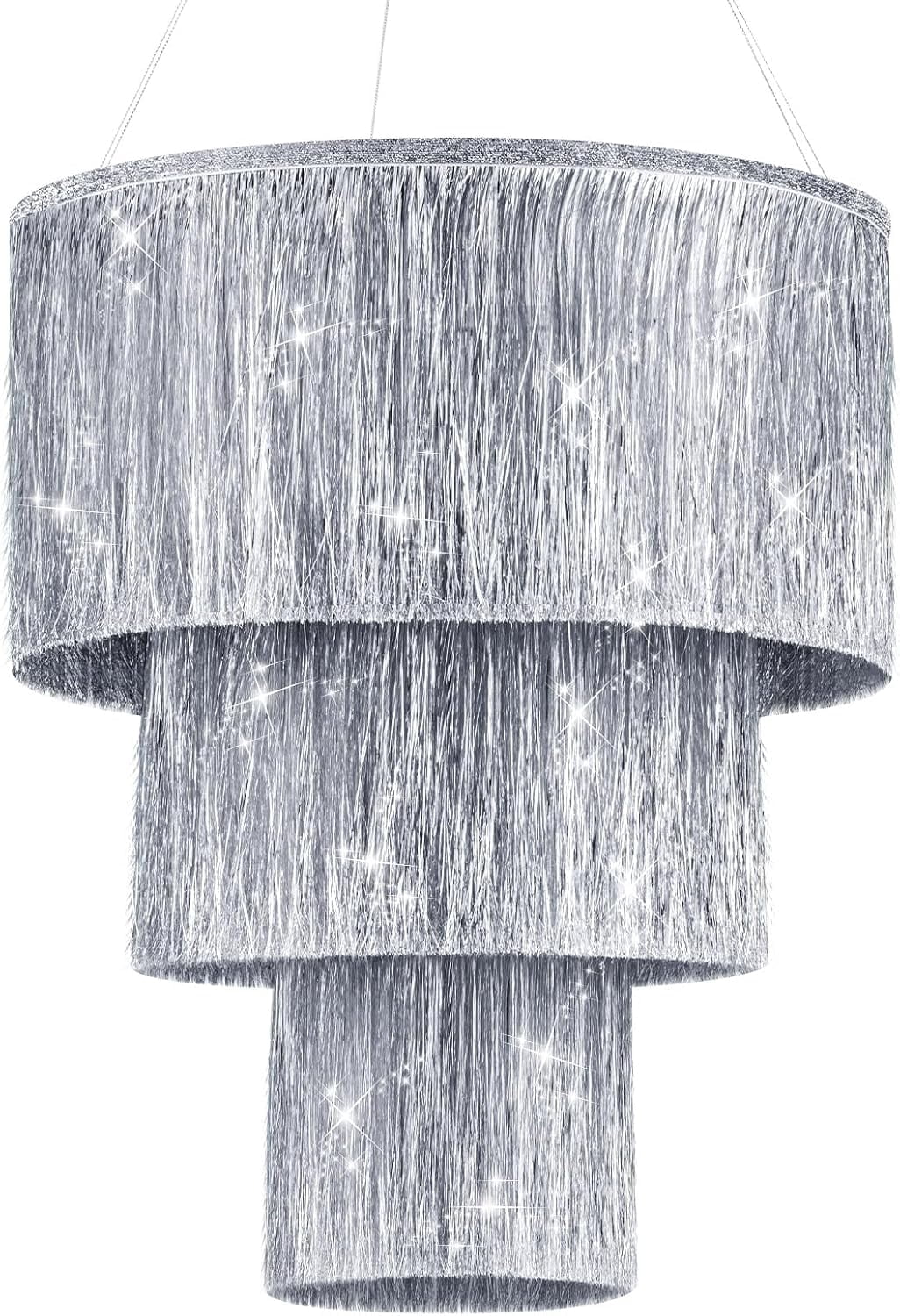 1Pcs 3-Tier Iridescent Silver Foil Fringe Tinsel Hanging Chandelier for Birthday Wedding Bachelorette Graduation New Year Baby Shower Party Backdrops Home Hotel Ceiling Shimmering Decorations
