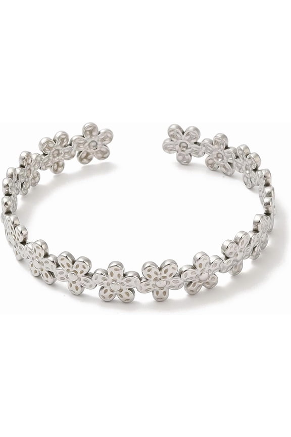 1Pcs 304 Stainless Steel Cuff Bangles Open Cuff Sun Flowers Pattern Bangle Bracelet for Women Wedding Statement Party Valentine's Day