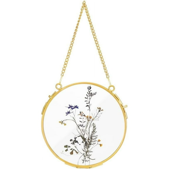 1Pcs 5.1 Inches Hanging Glass Floating Photo Frame Pressed Flowers Frames Round Wall Hanging Brass Frame for Dried Flowers Pictures Photos Double Glass Herbarium Gold for DIY