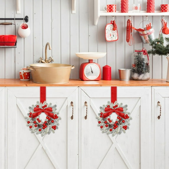 1Pcs 5.9" x 9.8" Christmas Mini Cabinet Wreaths for Kitchen with Ribbon Bows Norfolk Pine Small Window Wreaths Garland for Door Window Farmhouse Christmas Party Decorations