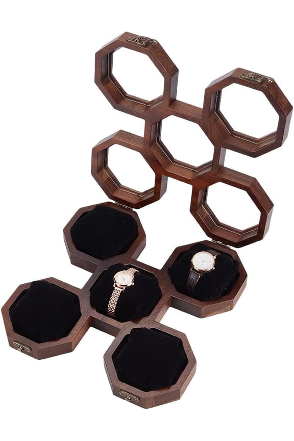 1Pcs 5-Slot Octagonal Acacia Wood Plexiglass Visible Window Watch Organizer Boxes with 5Pcs Velvet & Sponge Bracelet Watch Pillow Coconut Brown Box: 27.5x26.5x5.05cm