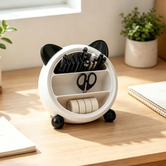 1Pcs 7.5in Round Base Cat Ear Desktop Storage Caddy, Multi Grid Slant Opening Stationery Holder, Glossy Plastic Desk Organizer For Office Supplies & Small Cosmetics