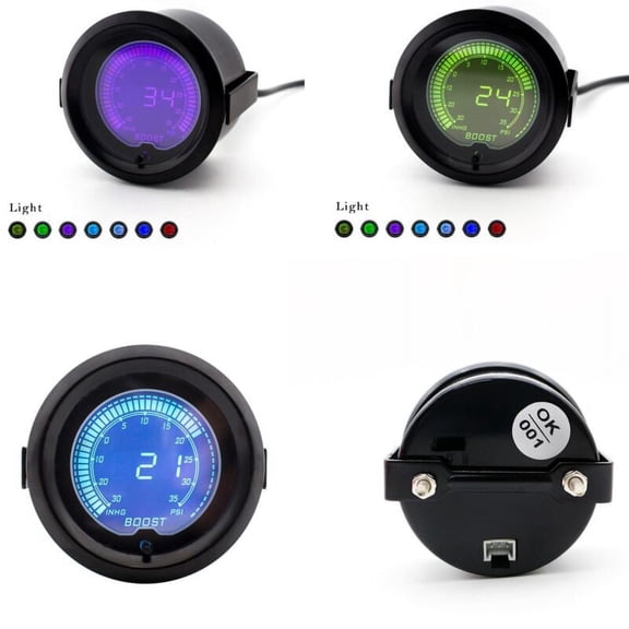1Pcs 7 Colors LED 12V Metal 2"/52mm Diameter Digital Boost Gauge Black Universal