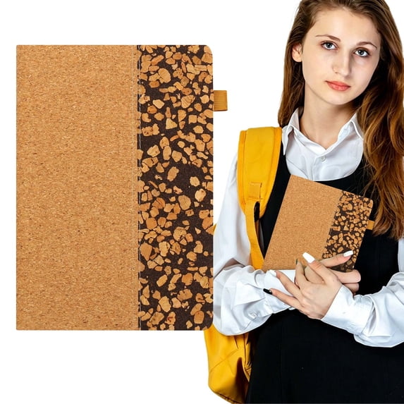 1Pcs 8.46in Two-Tone Spliced Cork Hardcover Planner, Matching Elastic Band & Page Marker, Wear Resistant Sustainable Cover Notebook For Home Office Project Log & Trip Itinerary Recording