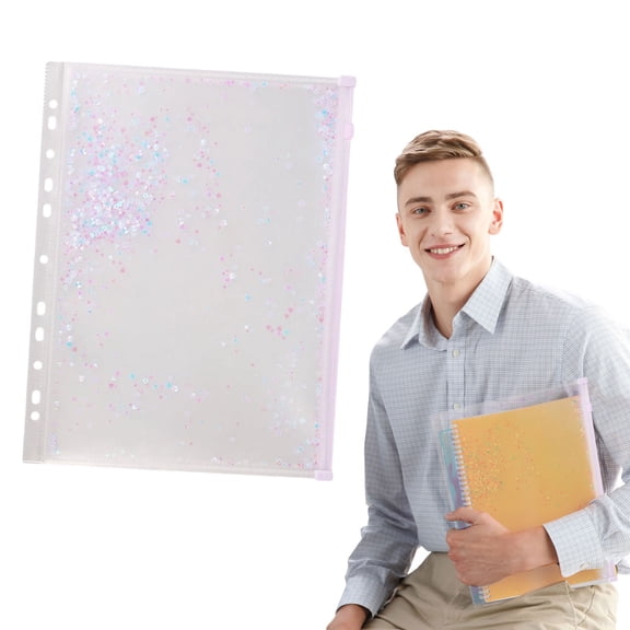 1Pcs A4 Plastic Binder Zipper, Binder Pockets 9 x 13inch Clear Envelope Folders Planner Waterproof Pouch Filing with Sequin Decor for Document