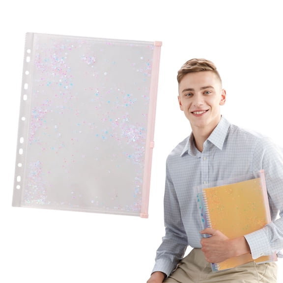 1Pcs A4 Plastic Binder Zipper, Binder Pockets 9 x 13inch Clear Envelope Folders Planner Waterproof Pouch Filing with Sequin Decor for Document