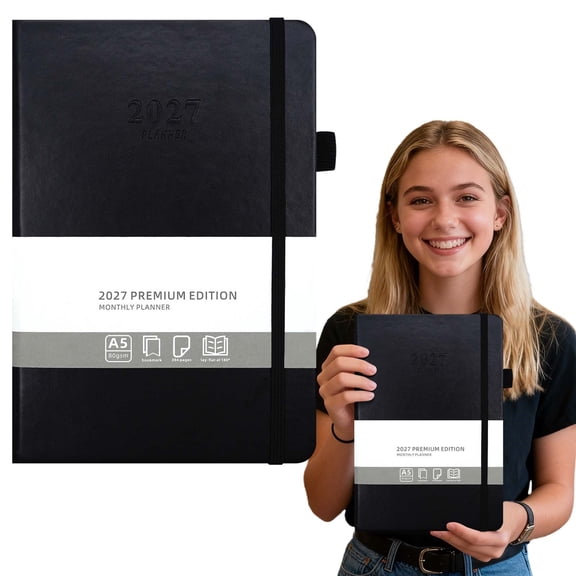 1Pcs A5 Daily Planner 8.46×5.71in Leather Cover - 384 Pages Yearly Monthly Weekly Organizer with Elastic Band & Pen Loop, Goal Setting Journal for Office Home Travel Planning, Black