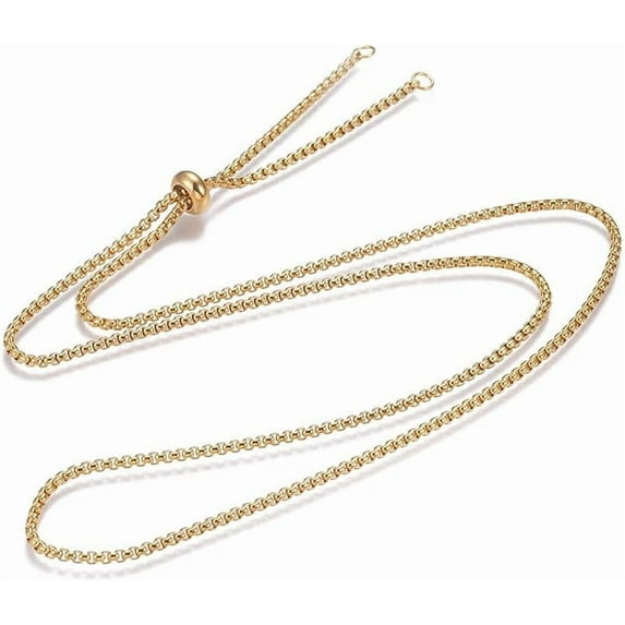 1Pcs Adjustable 304 Stainless Steel Slider Necklaces with Box Chains and Slider Stopper Beads for Men Women Jewelry Gift Real 24k Gold Plated 29.7 inch