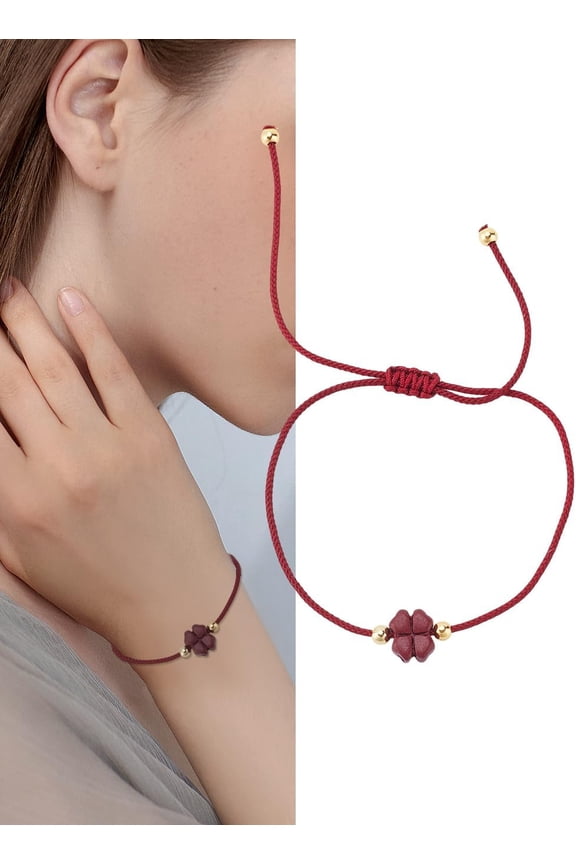 1Pcs Adjustable Fibre Cord Bracelets Dark Red Lucky Four-Leaf Clover Woven Bracelet Vermilion Clover Jewelry for Women Men Jewelry Making DIY Supplies 11-3/4 inch(30cm)