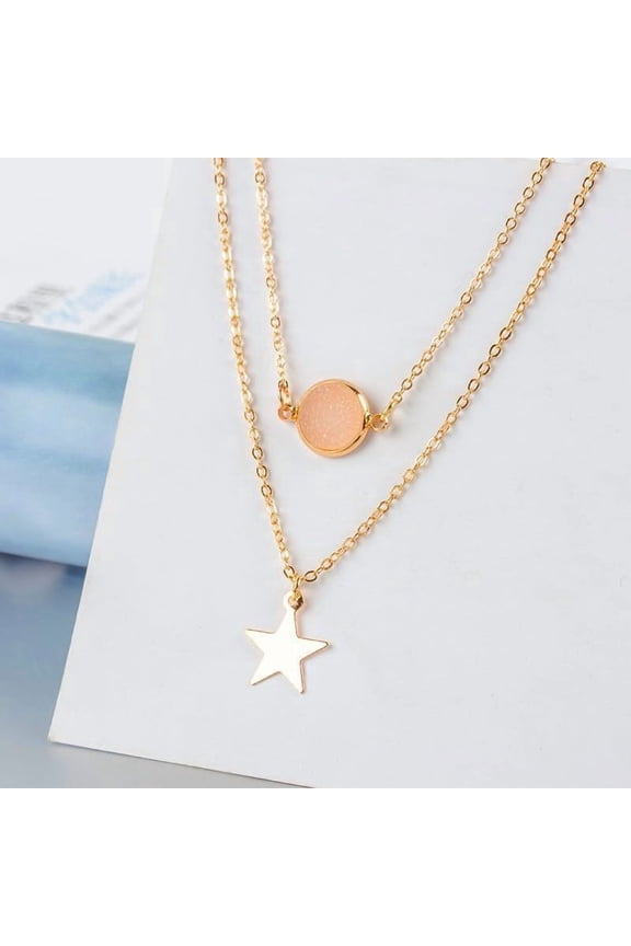 1Pcs Alloy Double Layer Star Flat Necklaces Star Flat Round Pendant Necklaces Golden Chain Necklace for Women Jewelry DIY Necklace Bracelet Craft Making 16.54 inch(42cm) Gold DIY