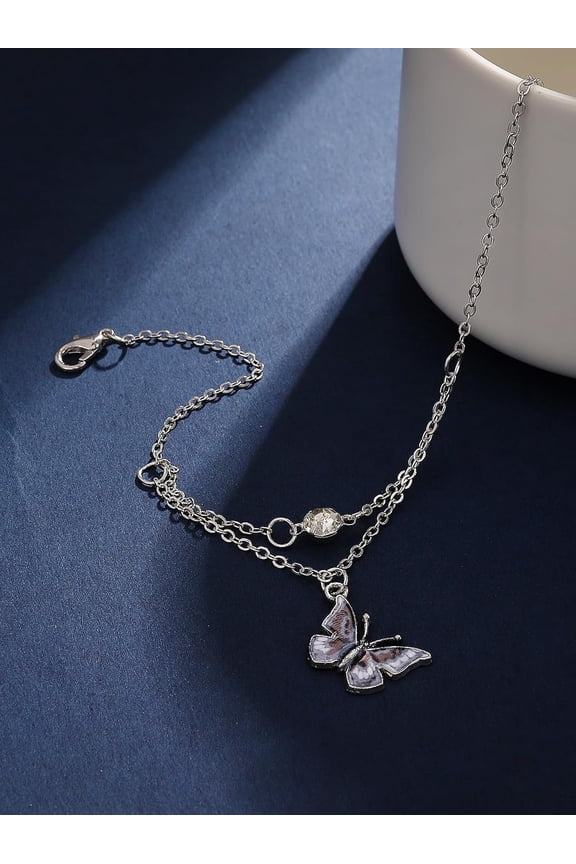 1Pcs Alloy Enamel Butterfly Anklets Platinum Rhinestone for Women Jewelry Gift 8-1/4 inch(210mm) for DIY handcrafting