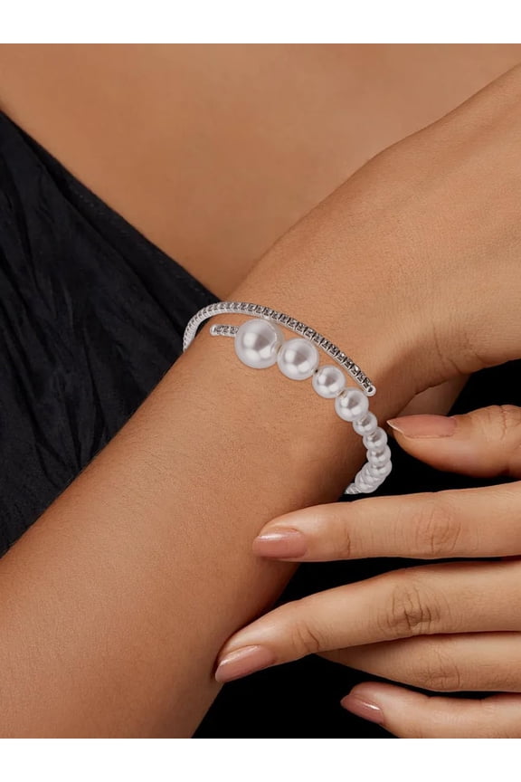 1Pcs Alloy Resin Open Cuff Bangles Round Inlaid Pearl Ended Adjustable Bracelet Jewelry Ornament for Women Personalized Jewelry Inner Diameter: 1-7/8x2-1/8 inch(4.9x5.3cm)