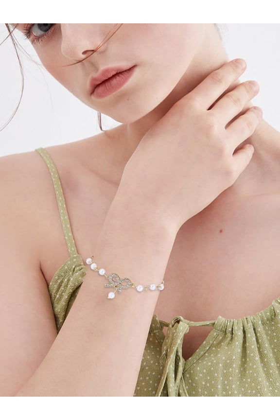 1Pcs Alloy Rhinestone Bowknot Bracelets Plastic Pearl Link Bracelets Golden Fashion Accessories Gifts for Women Birthday Festival Elegant Gifts Personalized Jewelry 6-7/8 inch(17.5cm)