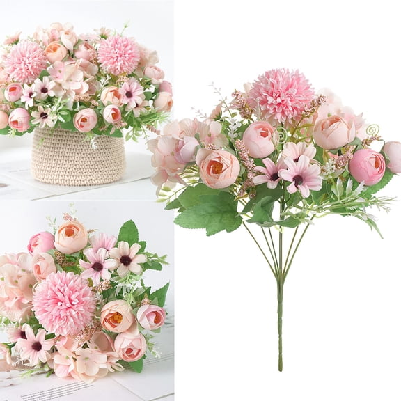 1Pcs Artificial Silk Rose Peony Small Hydrangea Bouquet, Realistic Artificial Flower Bud Collection Set Silk Plastic Craft for Home Office Wedding0, Pink,31cm/12.2in