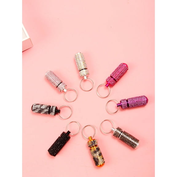 1Pcs Black Bling Pill Case Portable Travel Pill Container Bottle Rhinestone Waterproof Small Pill Holder With Keychain Cute Mini Pill Storage Box For Outdoor S